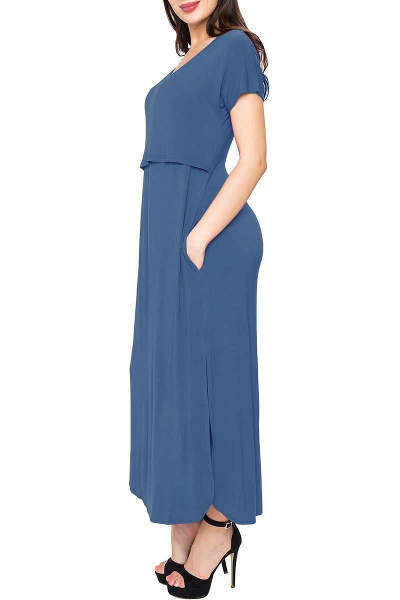 Smallshow Women's Maternity Nursing Dresses Split Long Dress for Breastfeeding Large Dusty Blue - Image 4